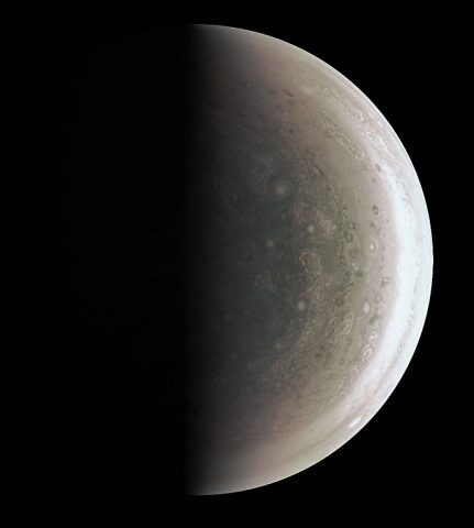 The JunoCam instrument acquired this view of Jupiter's south polar region about an hour after closest approach on Aug. 27, 2016, when the spacecraft was about 58,700 miles (94,500 kilometers) above the cloud tops. (NASA/JPL-Caltech/SwRI/MSSS)