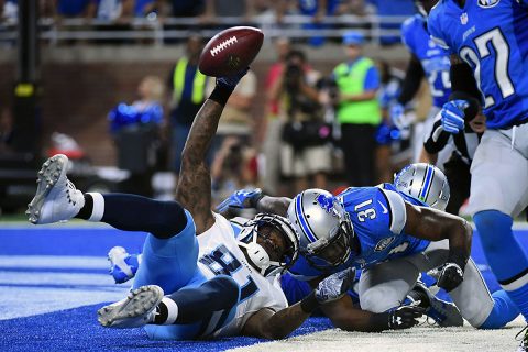 Tennessee Titans wide receiver Andre Johnson (81) scores the game winning touchdown during the fourth quarter against the Detroit Lions at Ford Field. Tennessee won 16-15. (Tim Fuller-USA TODAY Sports)