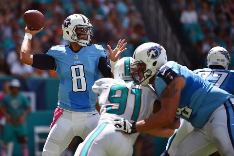 Miami Dolphins defensive end Cameron Wake (91) reaches for Tennessee Titans running back DeMarco Murray (29) during the first half at Hard Rock Stadium. (Jasen Vinlove-USA TODAY Sports)