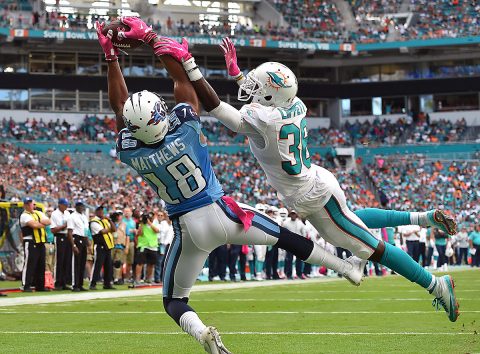 Tennessee Titans wide receiver Rishard Matthews (18) catches a pass for a touchdown against the defense of Miami Dolphins cornerback Tony Lippett (36) during the second half at Hard Rock Stadium. The Tennessee Titans defeat the Miami Dolphins 30-17. (Jasen Vinlove-USA TODAY Sports)