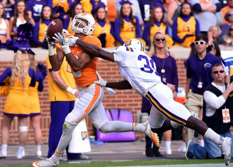 Tennessee Volunteers wide receiver Josh Malone (3) makes a catch for a touchdown in front of Tennessee Tech safety Ricky Ballard (30) during the first half at Neyland Stadium. (Michael Patrick/Knoxville News Sentinel via USA TODAY NETWORK)