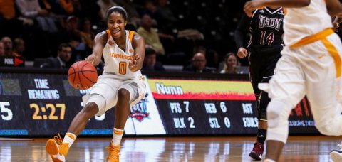 Jordan Reynolds #0 of the Tennessee Lady Volunteers assist and a smile during the game between the Troy Trojans and the Tennessee Lady Volunteers at Thompson-Boling Arena in Knoxville, TN. (Donald Page/Tennessee Athletics)