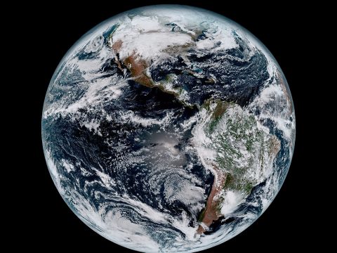 This composite color full-disk visible image of the Western Hemisphere was captured from NOAA GOES-16 satellite at 1:07 pm EST on Jan. 15, 2017 and created using several of the 16 spectral channels available on the satellite's sophisticated Advanced Baseline Imager. The image, taken from 22,300 miles above the surface, shows North and South America and the surrounding oceans. (NOAA)