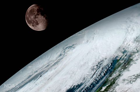 GOES-16 captured this view of the moon as it looked above the surface of the Earth on January 15. Like earlier GOES satellites, GOES-16 will use the moon for calibration. (NOAA/NASA)