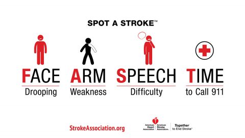 F.A.S.T. infographic with stroke warning signs: Face drooping, Arm weakness, Speech difficulty, Time to call 9-1-1. Strokeassociation.org (American Heart Association)