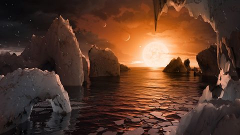 Imagine standing on the surface of the exoplanet TRAPPIST-1f. This artist's concept is one interpretation of what it could look like. (NASA/JPL-Caltech)