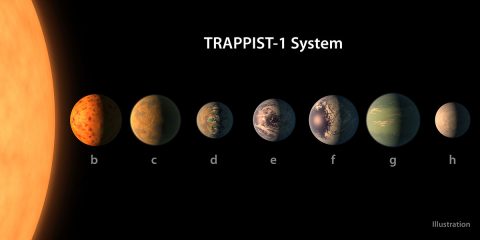 This artist's concept shows what the TRAPPIST-1 planetary system may look like, based on available data about the planets' diameters, masses and distances from the host star. (NASA/JPL-Caltech)