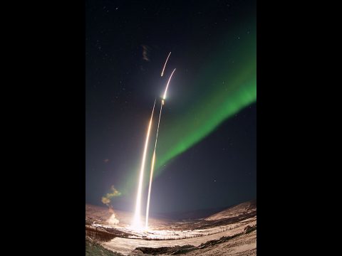 Two NASA sounding rockets are launched 90-seconds apart into an active aurora from the Poker Flat Research Range in Alaska. (NASA/Terry Zaperach)