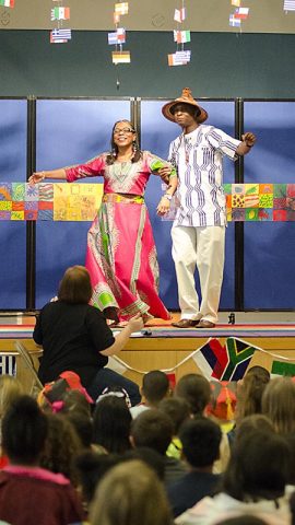 A trio of Panamanian dancers, Elisabeth Adamski, Shanida Hatcher and Vicky Shuler, performed a couple of traditional dances for the students at Barsanti Elementary School March 24, 2017, during their International Day celebration. (Mari-Alice Jasper, Fort Campbell Public Affairs Office)