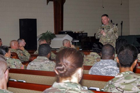 Maj. Jonathan R. Fisher, chaplain for the 101st Airborne Division (Air Assault) Sustainment Brigade, 101st Abn. Div., introduces the guest speaker for the moral leadership training, April 27, 2017, at the Community Chapel on Fort Campbell, Kentucky. The training is part of the brigade’s moral leadership program that focuses on different topics that assist leaders in better communicating with their Soldiers. (Sgt. Neysa Canfield/101st Airborne Division Sustainment Brigade Public Affairs) 