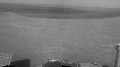 "Perseverance Valley" lies just on the other side of the dip in the crater rim visible in this view from the Navigation Camera (Navcam) on NASA's long-lived Mars Exploration Rover Opportunity, which arrived at this destination in early May 2017 in preparation for driving down the valley. (NASA/JPL-Caltech)