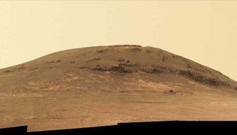 Wheel tracks from NASA's Mars rover Opportunity descending and departing the "Cape Tribulation" segment of Endeavour Crater's rim are visible in this April 21, 2017, view from the rover's Panoramic Camera (Pancam). The rover looked back northward during its trek south to "Perseverance Valley." (NASA)