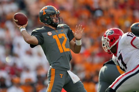 Tennessee Volunteers quarterback Quinten Dormady (12) looks to pass the ball against the Georgia Bulldogs during the first half at Neyland Stadium. (Crystal LoGiudice-USA TODAY Sports)