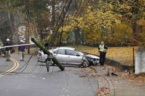 Clarksville Police respond to a stolen car crashing into a utility pole on Greenwood Avenue Monday.