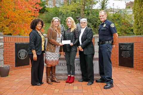 (L to R) Andrea Tennyson-Victim Assistance. Rebecca (Becky) Ashworth (Bank of America), Natalie Blackmon-Victim Assistance, Sgt Tina Slaven (Special Victims Unit), and Clarksville Police Chief Ansley.