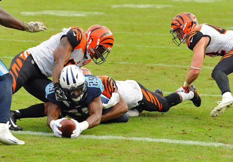 Tennessee Titans running back DeMarco Murray (29) reaches past the goal line for the winning touchdown during the second half at Nissan Stadium. (Christopher Hanewinckel-USA TODAY Sports)