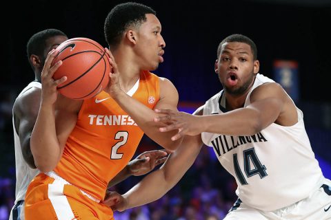 Tennessee Volunteers forward Grant Williams (2) looks to drive as Villanova Wildcats forward Omari Spellman (14) defends during the first half in the 2017 Battle 4 Atlantis in Imperial Arena at the Atlantis Resort. (Kevin Jairaj-USA TODAY Sports)