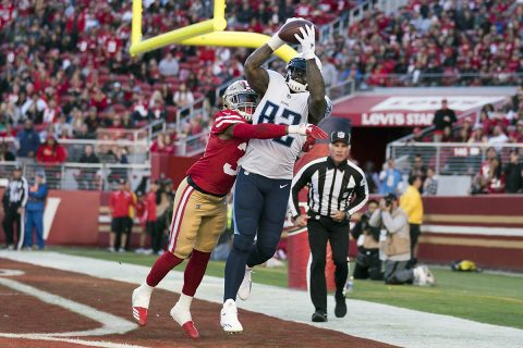 Tennessee Titans tight end Delanie Walker (82) catches a touchdown pass against San Francisco 49ers defensive back Adrian Colbert (38) during the second quarter at Levi's Stadium. (Kyle Terada-USA TODAY Sports)