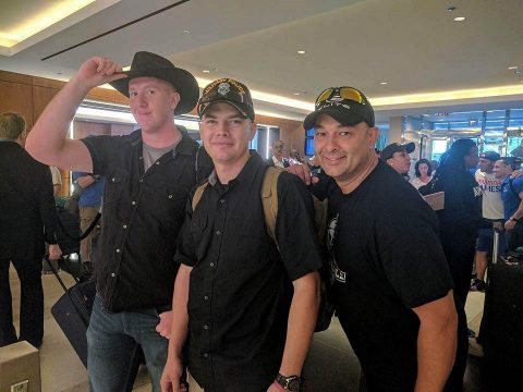 (L to R) Spc. Mitchell Bombeck, Sgt. Patrick Haney and Maj. James Pradke pose for a picture as they check-in to their hotel at the 2017 DoD Warrior Games. (Spc. Mitchell Bombeck) 