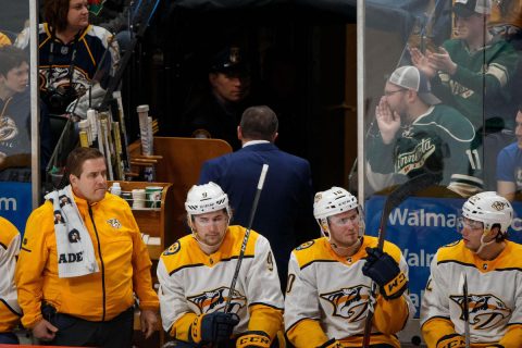 Mar 24, 2018; Saint Paul, MN, USA; Nashville Predators head coach Peter Laviolette gets a game misconduct penalty in the third period against Minnesota Wild at Xcel Energy Center. Mandatory Credit: Brad Rempel-USA TODAY Sports