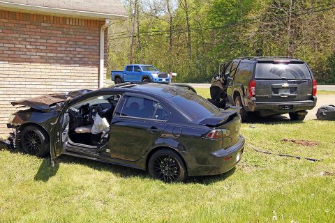 Clarksville Police responded to a vehicle accident on Ringgold Road where a Mitsubishi Lancer left the road due to high speed of travel, collided with a Chevrolet Suburban, and came to rest near a home, Monday. (Jim Knoll, CPD)