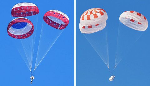 At left, Boeing conducted the first in a series of parachute reliability tests its Starliner flight drogue and main parachute system Feb. 22, 2018, over Yuma Arizona. (NASA)  At right, SpaceX performed its fourteenth overall parachute test supporting Crew Dragon development March 4, 2018, over the Mojave Desert in Southern California. The test demonstrated an off-nominal, or abnormal, situation, deploying only one of the two drogue chutes and three of the four main parachutes. (SpaceX)