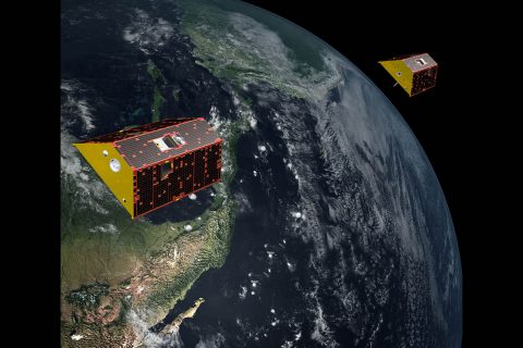 GRACE-FO will demonstrate the effectiveness of using lasers instead of microwaves to more precisely measure fluctuations in the separation distance between the two spacecraft, potentially improving the precision of range fluctuation measurements by a factor of at least 10 on future GRACE-like missions. (NASA/JPL-Caltech)