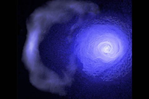 A gigantic and resilient “cold front” hurtling through the Perseus galaxy cluster has been studied using data from NASA’s Chandra X-ray Observatory. (NASA/CXC/GSFC/S. Walker, ESA/XMM, ROSAT)