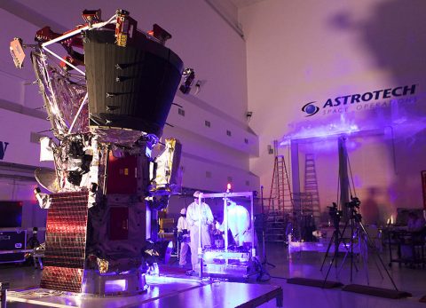 In the Astrotech processing facility in Titusville, Florida, near NASA's Kennedy Space Center, on Tuesday, June 5, 2018, technicians and engineers perform light bar testing on NASA's Parker Solar Probe. The spacecraft will launch on a United Launch Alliance Delta IV Heavy rocket from Space Launch Complex 37 at Cape Canaveral Air Force Station in Florida. (NASA/Glenn Benson)