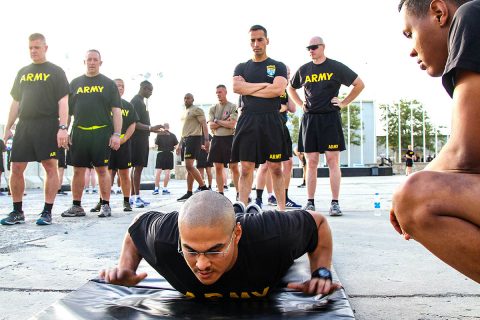 Senior leaders of the 101st Airborne Division (Air Assault) Resolute Support Sustainment Brigade participated in the Army Combat Fitness Test, Aug 14, 2018, on Bagram Airfield, Afghanistan. Service members stand in line waiting for their turn to participate in the hand release push up event. (1st Lt. Verniccia Ford, 101st Airborne Division (AA) Sustainment Brigade Public Affairs)