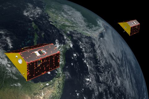 Artist's illustration of the NASA/German Research Centre for Geosciences Gravity Recovery and Climate Experiment Follow-On (GRACE-FO) mission, which will track changes in the distribution of Earth's mass, providing insights into climate, Earth system processes and the impacts of some human activities. (NASA/JPL-Caltech)