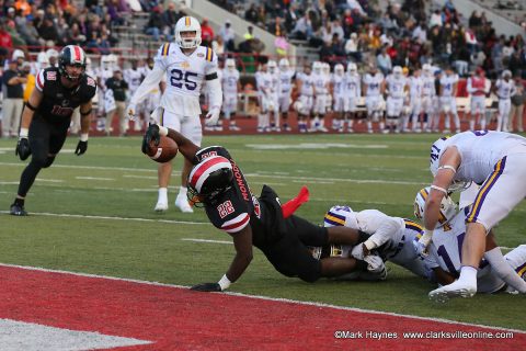 Austin Peay Football running back Prince Momodu stretches the ball out over the goal line for a touchdown against Tennessee Tech Saturday.