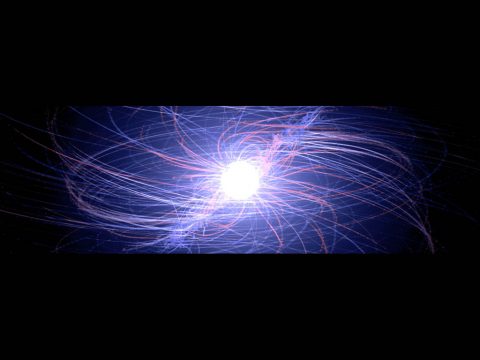 Electrons (blue) and positrons (red) from a computer-simulated pulsar. These particles become accerlated to extreme energies in a pulsar's powerful magnetic and electric fields; lighter tracks show particles with higher energies. Each particle seen here actually represents trillions of electrons or positrons. (NASA's Goddard Space Flight Center)