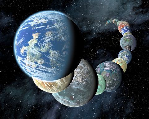 Artist’s concept of how rocky, potentially habitable worlds elsewhere in our galaxy might appear. Data gathered by telescopes in space and on the ground suggest that small, rocky planets are common. (Placing them so close together in a line is for illustrative purposes only.) (NASA/JPL-Caltech/R. Hurt (SSC-Caltech))