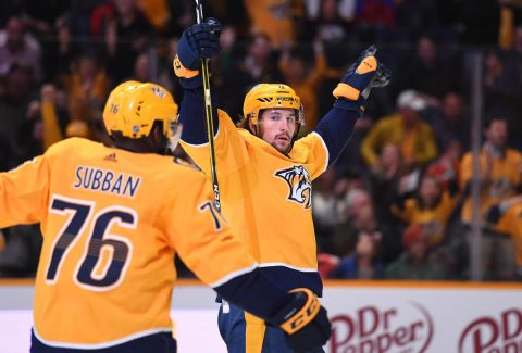 Nashville Predators left wing Filip Forsberg (9) celebrates with defenseman P.K. Subban (76) after scoring his third goal of the game against the Edmonton Oilers at Bridgestone Arena. Mandatory Credit: Christopher Hanewinckel-USA TODAY Sports