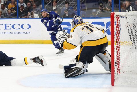 Tampa Bay Lightning right wing Ryan Callahan (24) shoots on goal as Nashville Predators goaltender Pekka Rinne (35) defends during the second period at Amalie Arena.  (Kim Klement-USA TODAY Sports)