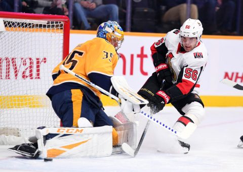  Ottawa Senators left wing Magnus Paajarvi (56) has a shot blocked by Nashville Predators goaltender Pekka Rinne (35) during the first period at Bridgestone Arena. (Christopher Hanewinckel-USA TODAY Sports)