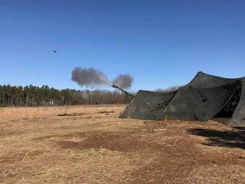Gun 6, 2nd Platoon, Cobra Battery, 3rd Battalion, 320th Field Artillery Regiment, 3rd Brigade Combat Team “Rakkasans,” 101st Airborne Division, fires a 155mm shell from the M777A2 howitzer in support of the Brigade’s Fire Control exercise. (3rd Brigade Combat Team, 101st Airborne Division (AA) Public Affairs)