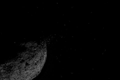 This view of asteroid Bennu ejecting particles from its surface on January 19 was created by combining two images taken on board NASA’s OSIRIS-REx spacecraft. Other image processing techniques were also applied, such as cropping and adjusting the brightness and contrast of each image. (NASA/Goddard/University of Arizona/Lockheed Martin)