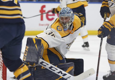 Nashville Predators goaltender Pekka Rinne (35) looks to make a save during the second period against the Buffalo Sabres at KeyBank Center. (Timothy T. Ludwig-USA TODAY Sports)