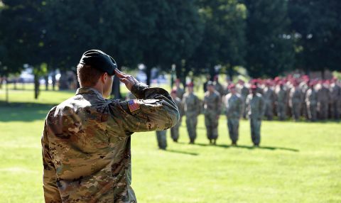 Col. Joseph W. Wortham, commander of the 5th Special Forces Group (Airborne), salutes his formation during the closing of the 5th SFG (A) change of command ceremony at Fort Campbell, Ky., July 12, 2019. (SSG Iman Broady-Chin, 5th SFG (A) Public Affairs) 