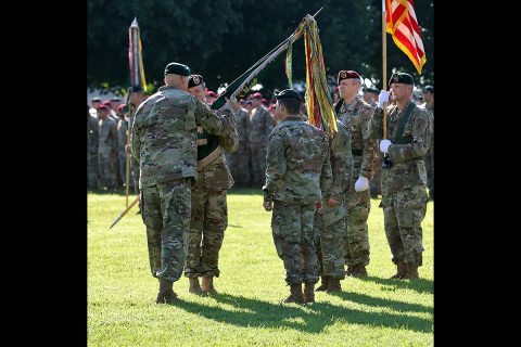 Maj. Gen. Edwin J. Deedrick Jr., the commanding general of 1st Special Forces Command (Airborne), passes the 5th Special Forces Group (Airborne) colors to Col. Joseph W. Wortham, 5th SFG (A) commander, during the 5th SFG (A) change of command ceremony at Fort Campbell, Ky., July 12, 2019. (SSG Iman Broady-Chin, 5th SFG(A) Public Affairs) 