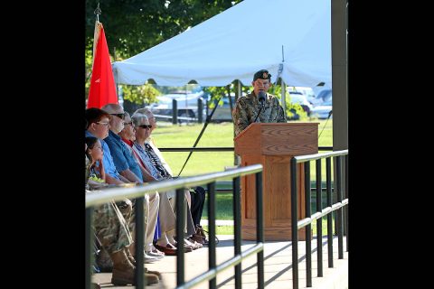 Col. Lewis Jay Powers, outgoing commander of the 5th Special Forces Group (Airborne), speaks to Soldiers, family members and friends during the 5th SFG (A), during the 5th SFG (A) change of command ceremony at Fort Campbell, Ky., July 12, 2019. (SSG Iman Broady-Chin, 5th SFG (A) Public Affairs) 
