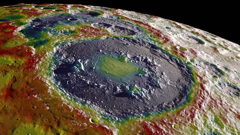 A high-resolution free-air gravity map based on data returned from NASA's Gravity Recovery and Interior Laboratory mission, overlaid on terrain based on NASA's Lunar Reconnaissance Orbiter altimeter and camera data. The view is south-up, with the south pole near the horizon in the upper left. (NASA's Scientific Visualization Studio)