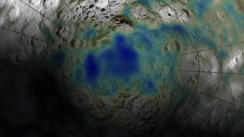 This photo shows evidence of high concentrations of hydrogen at the south pole of the Moon. In 1998 NASA's Lunar Prospector mission identified hydrogen on the Moon, which was early evidence of potential ice deposits. (NASA's Goddard Space Flight Center Scientific Visualization Studio)