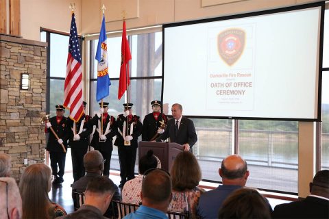 Clarksville Mayor Joe Pitts addresses the crowd at Freddie D. Montgomery Jr.’s swearing in ceremony as Clarksville Fire Rescue’s 17th Fire Chief Thursday at Freedom Point. (Samantha Stoffregen)