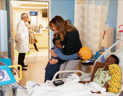 First Lady Melania Trump visits with patients and family members during a tour of the pediatric wing at Boston Medical Center. (Andrea Hanks, Official White House Photo)