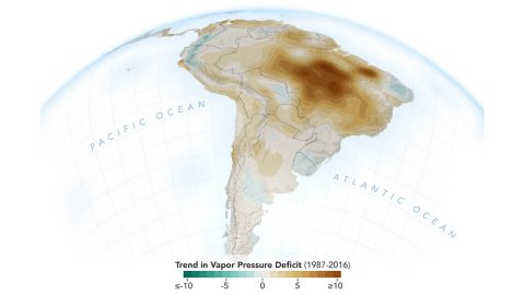 The image shows the decline of moisture in the air over the Amazon rainforest, particularly across the south and southeastern Amazon, during the dry season months - August through October - from 1987 to 2016. The measurements are shown in millibars. (NASA/JPL-Caltech, NASA Earth Observatory)