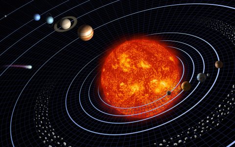 Our solar system features eight planets, seen in this artist’s diagram. This representation is intentionally fanciful, as the planets are depicted far closer together than they really are. (NASA/JPL)