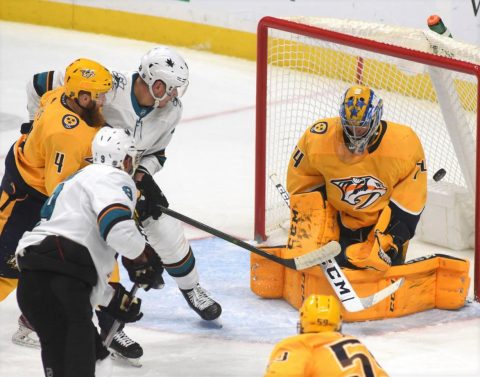 Nashville Predators goalie Juuse Saros blocks a shot against the San Jose Sharks as Nashville wins it, 3-1.&nbsp; (Michael Strasinger)